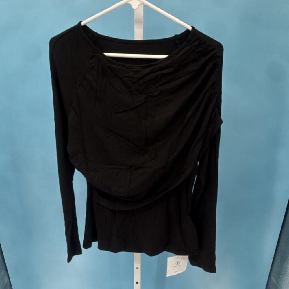 Women's Black Pullover Boat Neck Blouse Regular Long Sleeve M1T447 Size L
